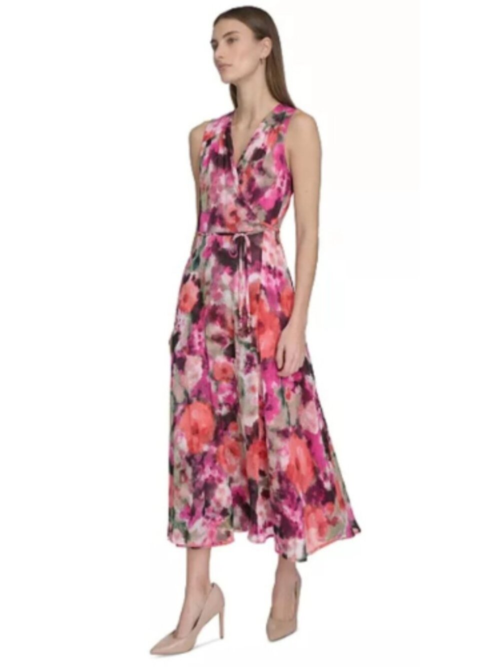 Calvin Klein Black Multi Wrap V Neck Chiffon Dress Formal Event Size 10, 16